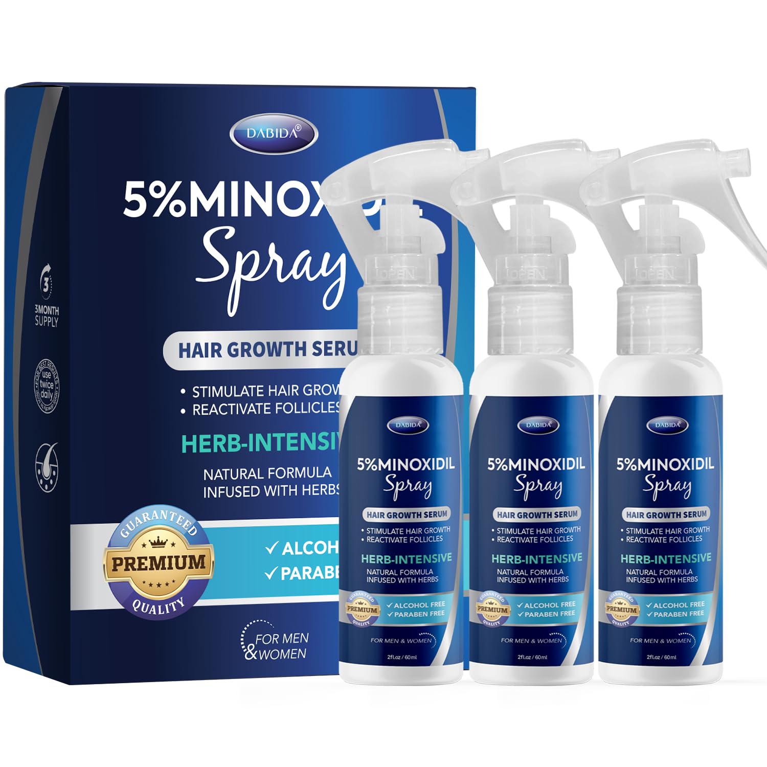 DABIDA 5% Minoxidil spray bottle ready for scalp application