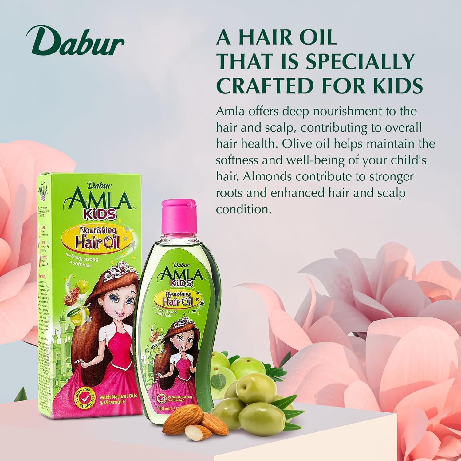 Dabur Amla Niños: ingredientes oliva y almendra para brillo natural.