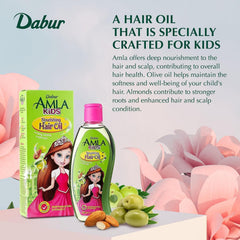 Dabur Amla Niños: ingredientes oliva y almendra para brillo natural.