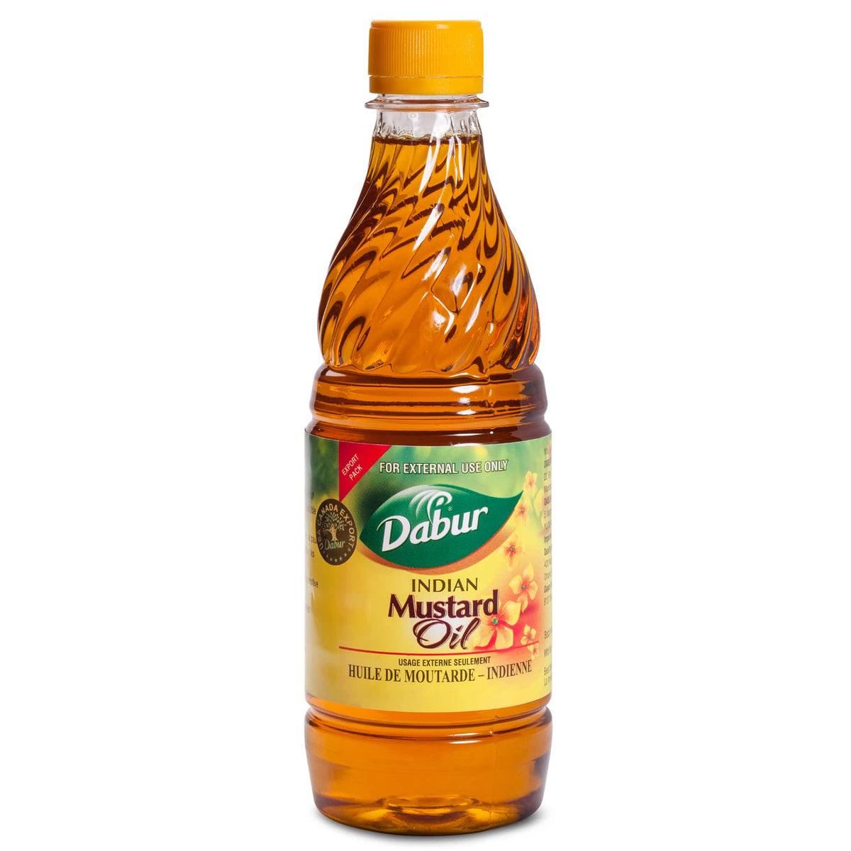 Dabur Kachi Ghani Mustard Oil bottle closeup for hair care and vitality.