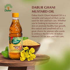 Dabur Kachi Ghani Mustard Oil label view highlighting its natural, cold-pressed profile.