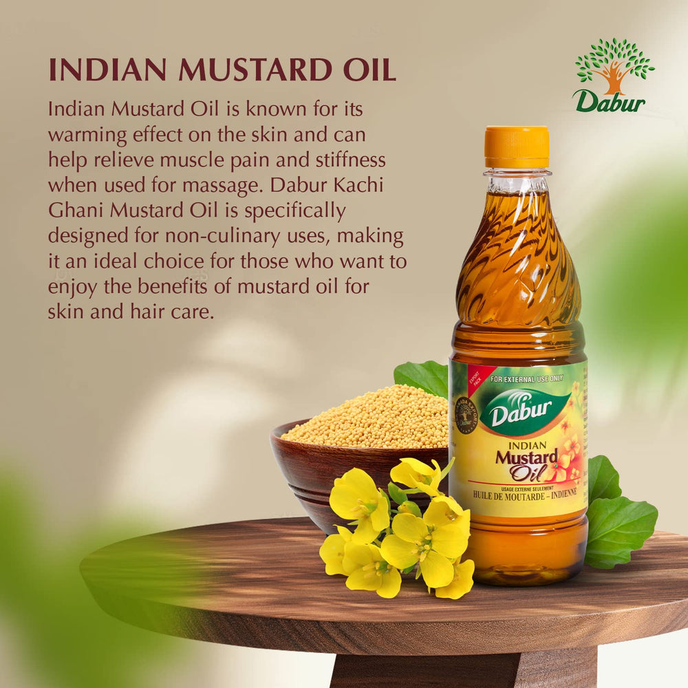 Dabur Kachi Ghani Mustard Oil being poured for skin nourishment and massage.