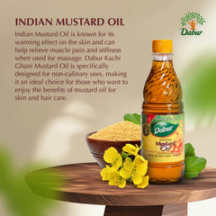 Dabur Kachi Ghani Mustard Oil being poured for skin nourishment and massage.