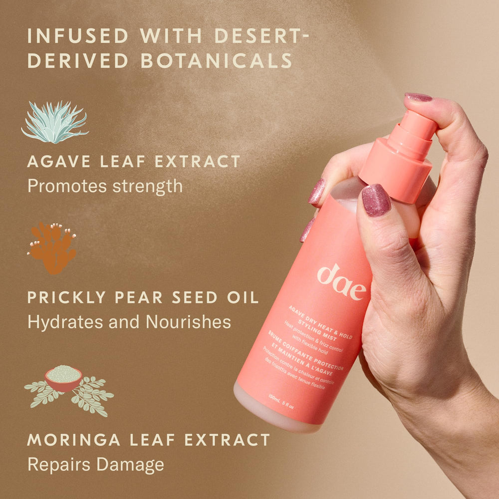 DAE Agave Dry Heat Protection Spray mist-on-hair shows fine mist coverage