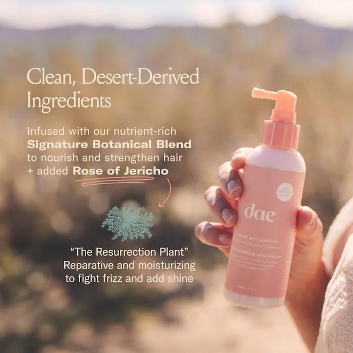 DAE Mirage Mist close-up bottle with rose of Jericho and prickly pear oil for manageability