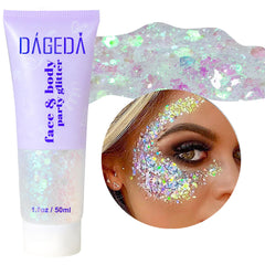 DAGEDA Body Glitter Gel bottle pour for quick, radiant application and long-lasting shimmer.