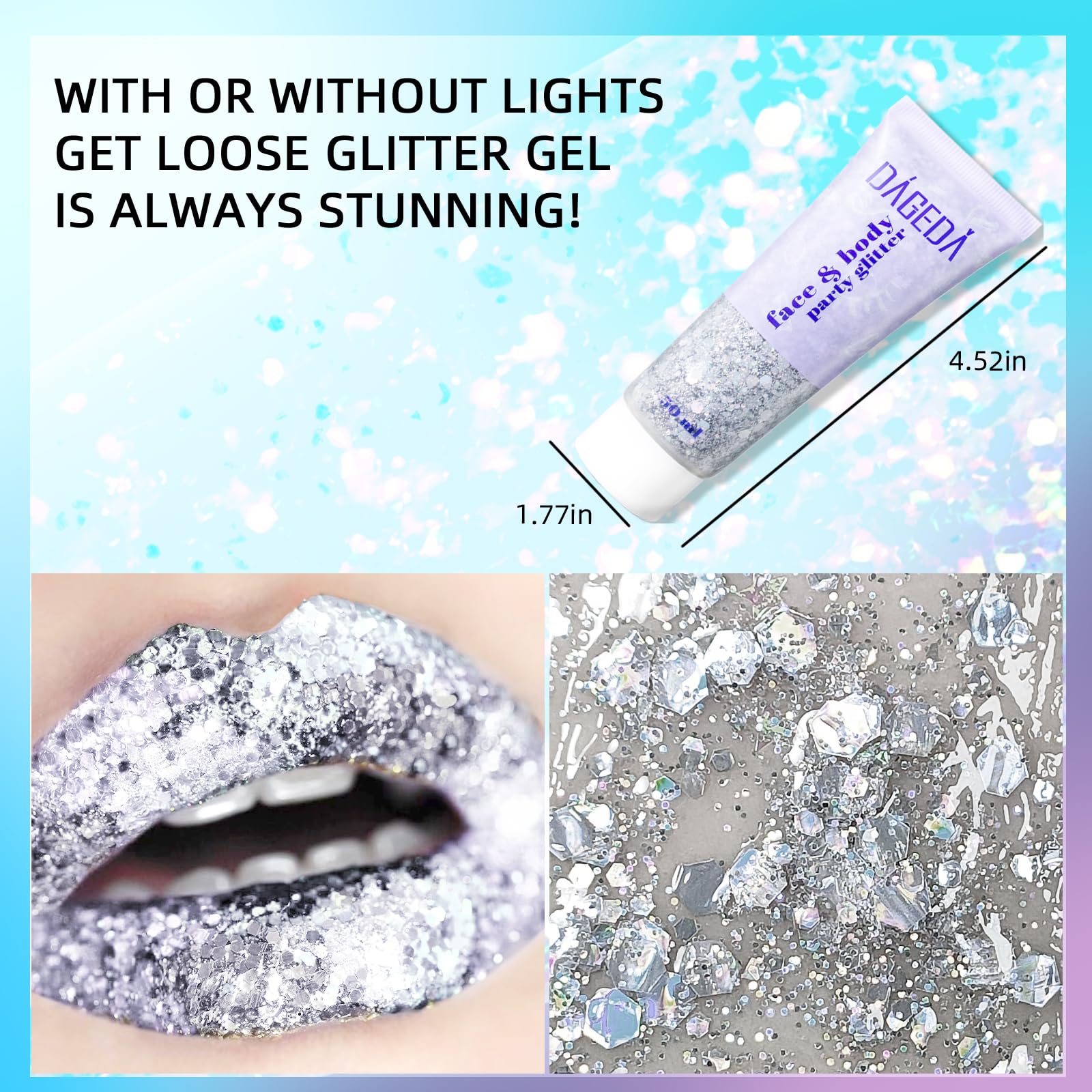 DAGEDA Glitter Gel on cheeks adds luminous sparkle for highlight.