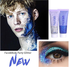 DAGEDA Glitter Gel on eyes creates radiant holographic accents.