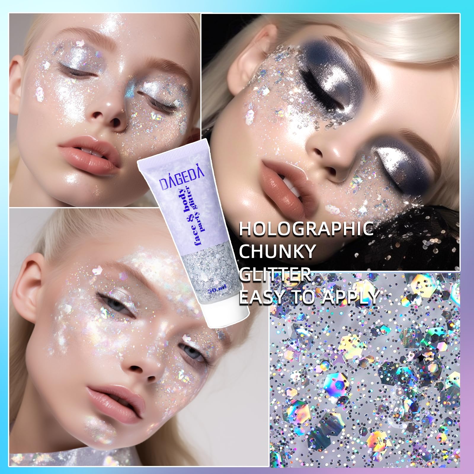 DAGEDA Glitter Gel in hair adds sparkling party style.
