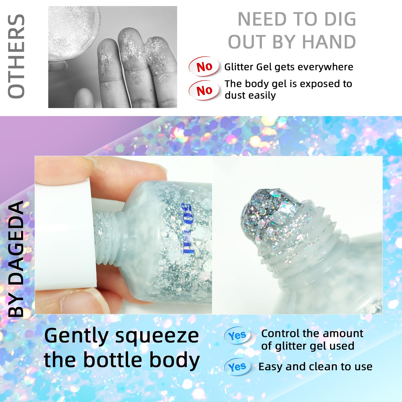 DAGEDA Glitter Gel on nails delivers a shiny, holographic finish.