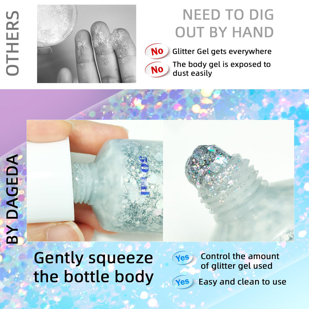 DAGEDA Glitter Gel on nails delivers a shiny, holographic finish.