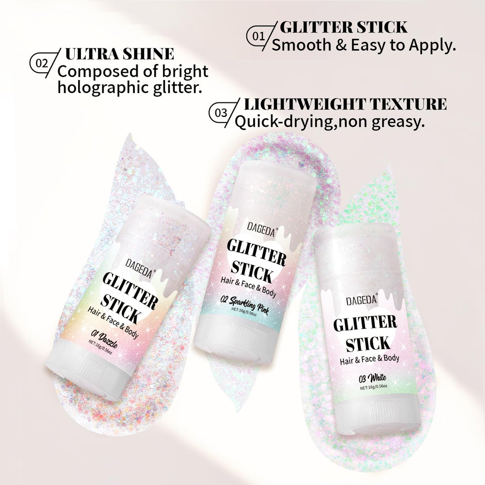 DAGEDA Dazzle Stick body glitter highlights collarbones and skin for radiant outfits.