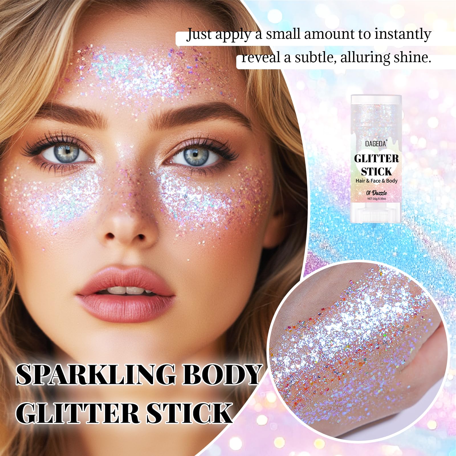 DAGEDA Dazzle Stick hair glitter adds shimmer for bold festival hairstyles.