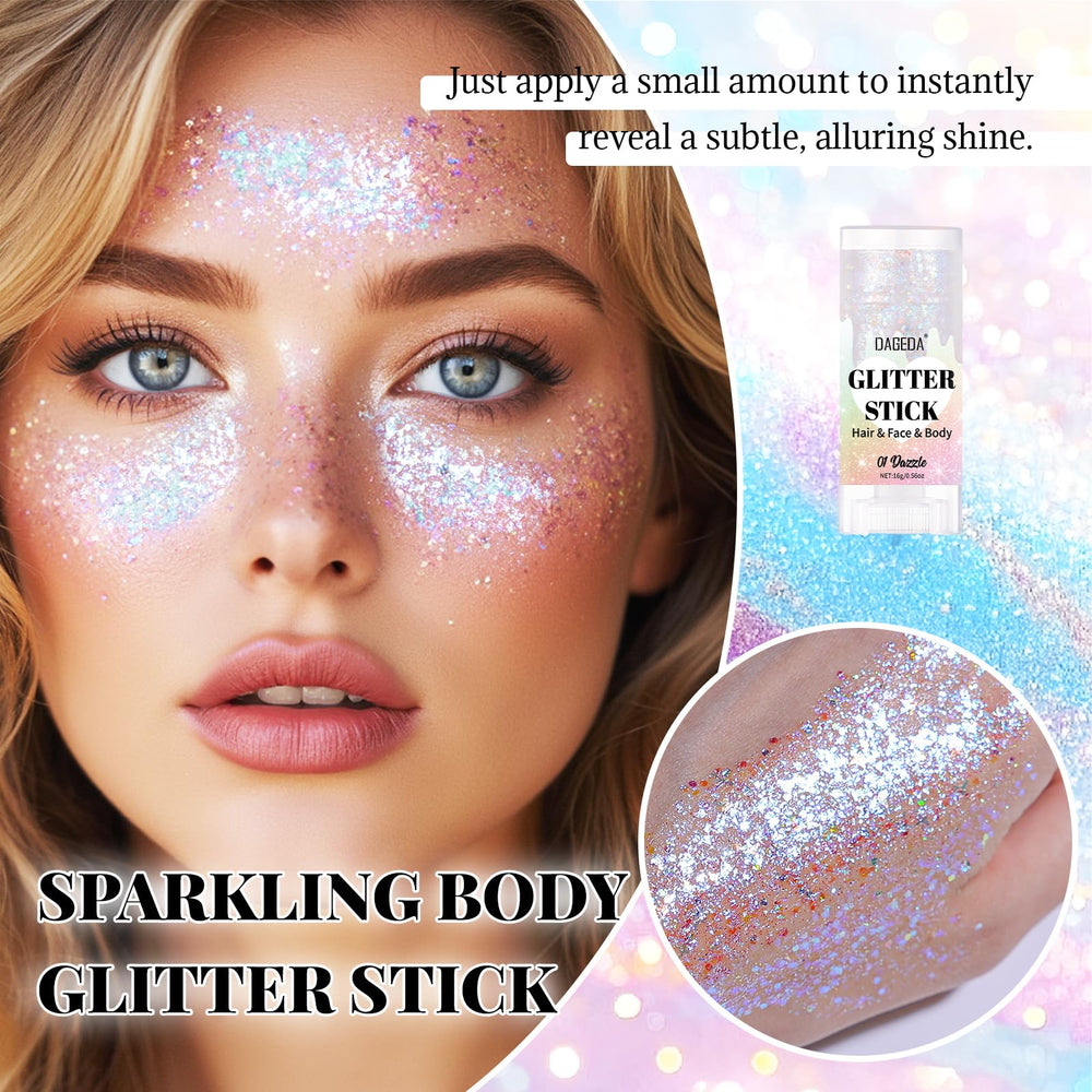DAGEDA Dazzle Stick hair glitter adds shimmer for bold festival hairstyles.