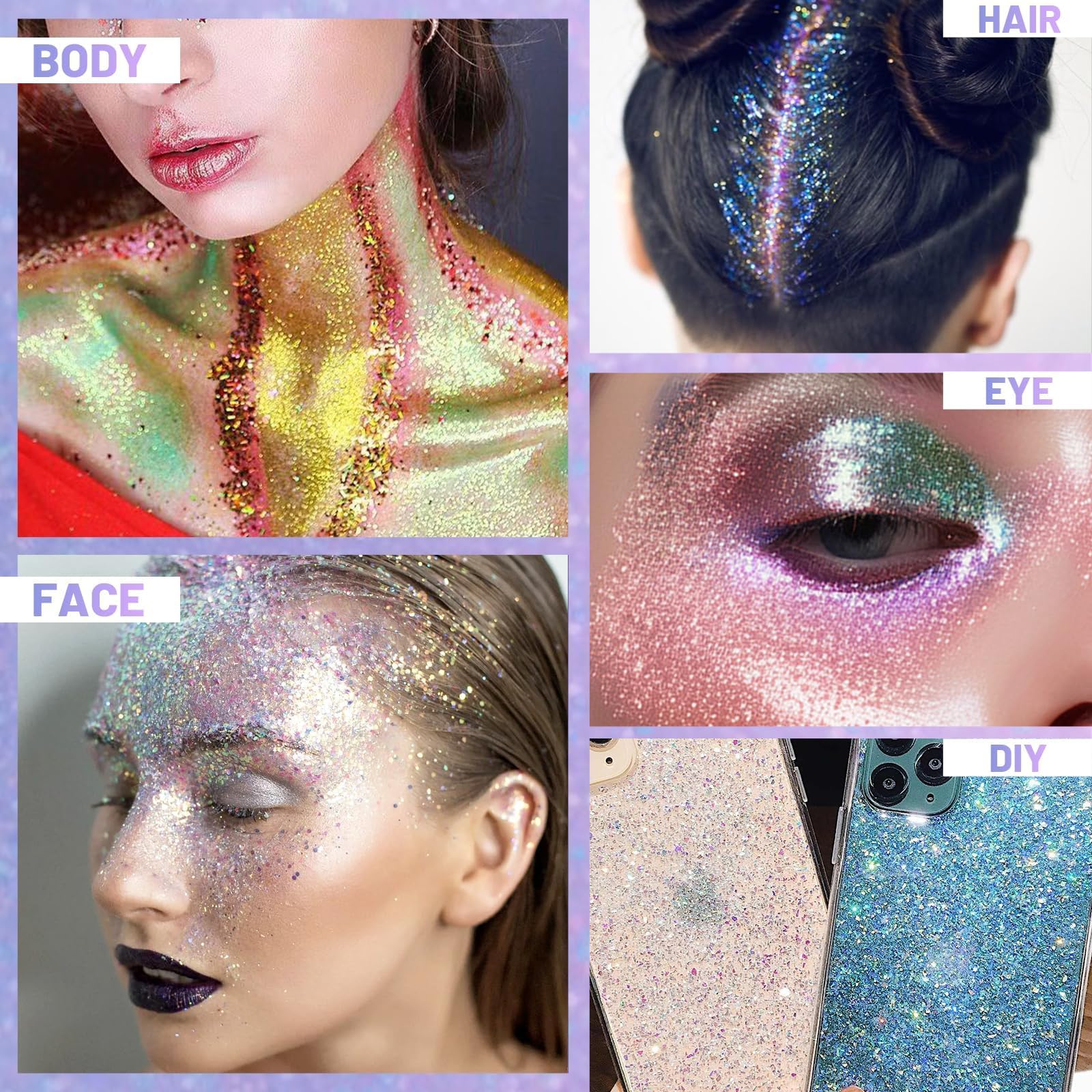 DAGEDA glitter on eyes, cheeks, and hair creates festival-ready looks.