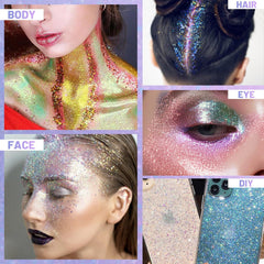DAGEDA glitter on eyes, cheeks, and hair creates festival-ready looks.