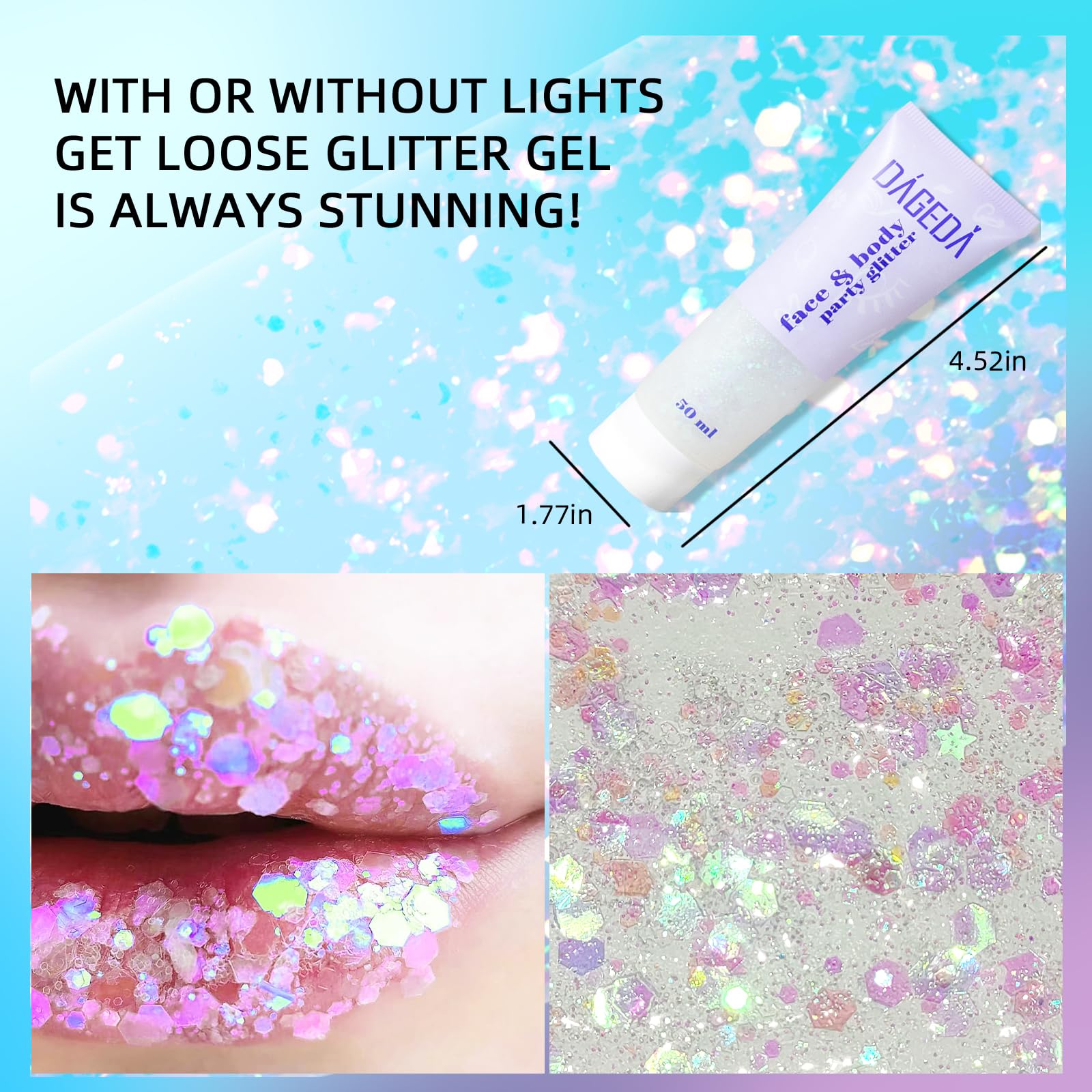 DAGEDA glitter gel eye makeup application with bold, luminous eyelid shine.