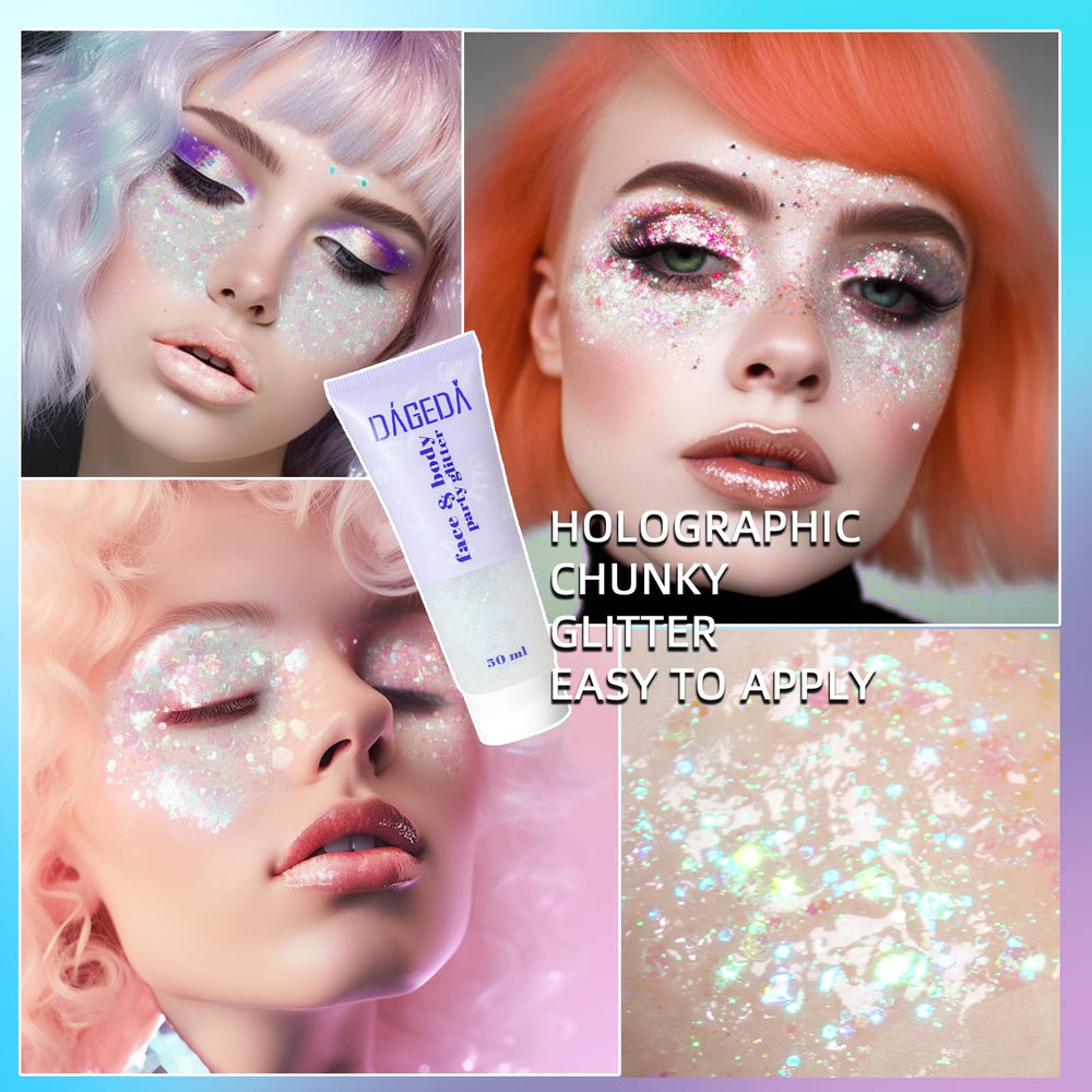 DAGEDA glitter gel on face cheeks and lips for a festival-ready glow.