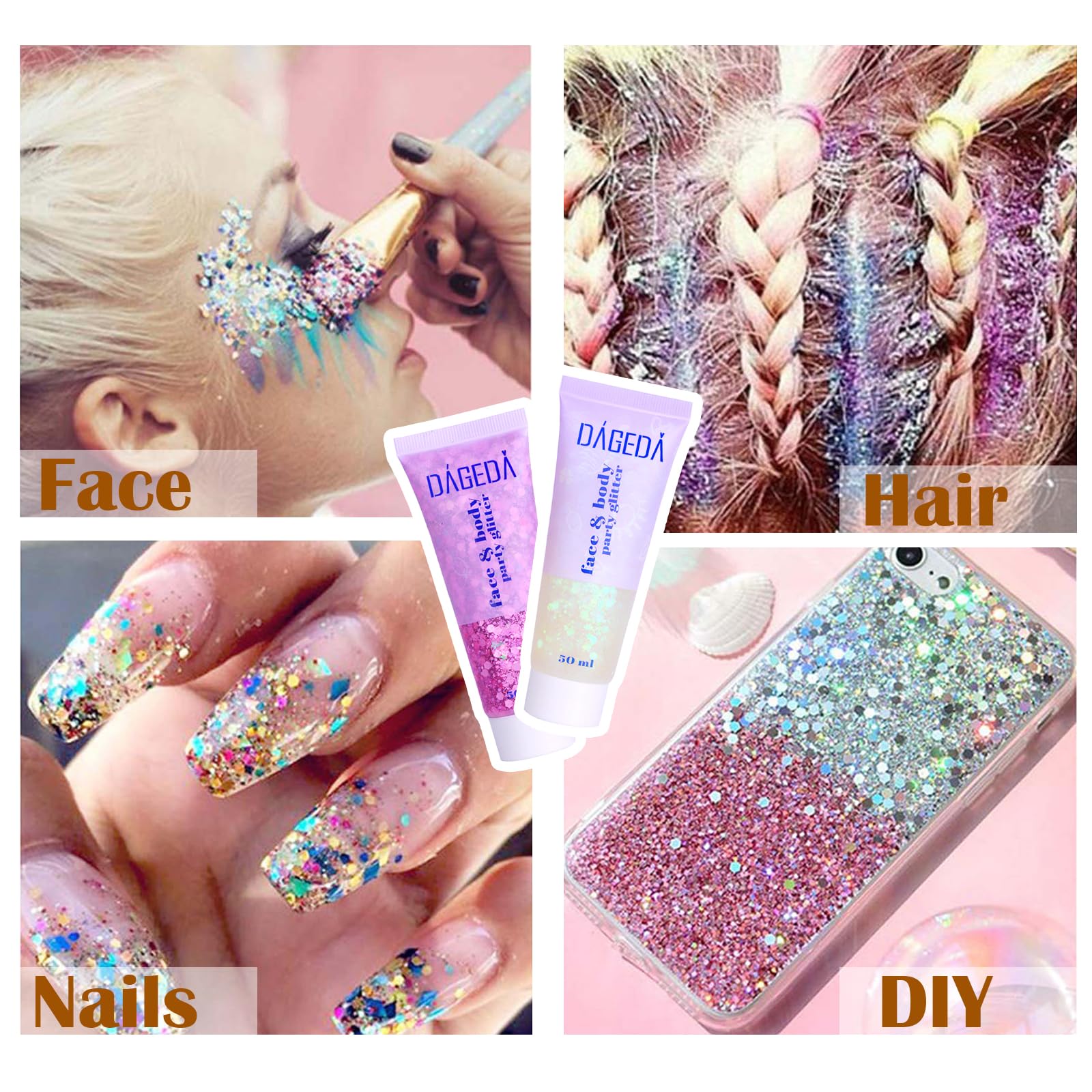 DAGEDA holographic colors including white and silver for versatile looks.