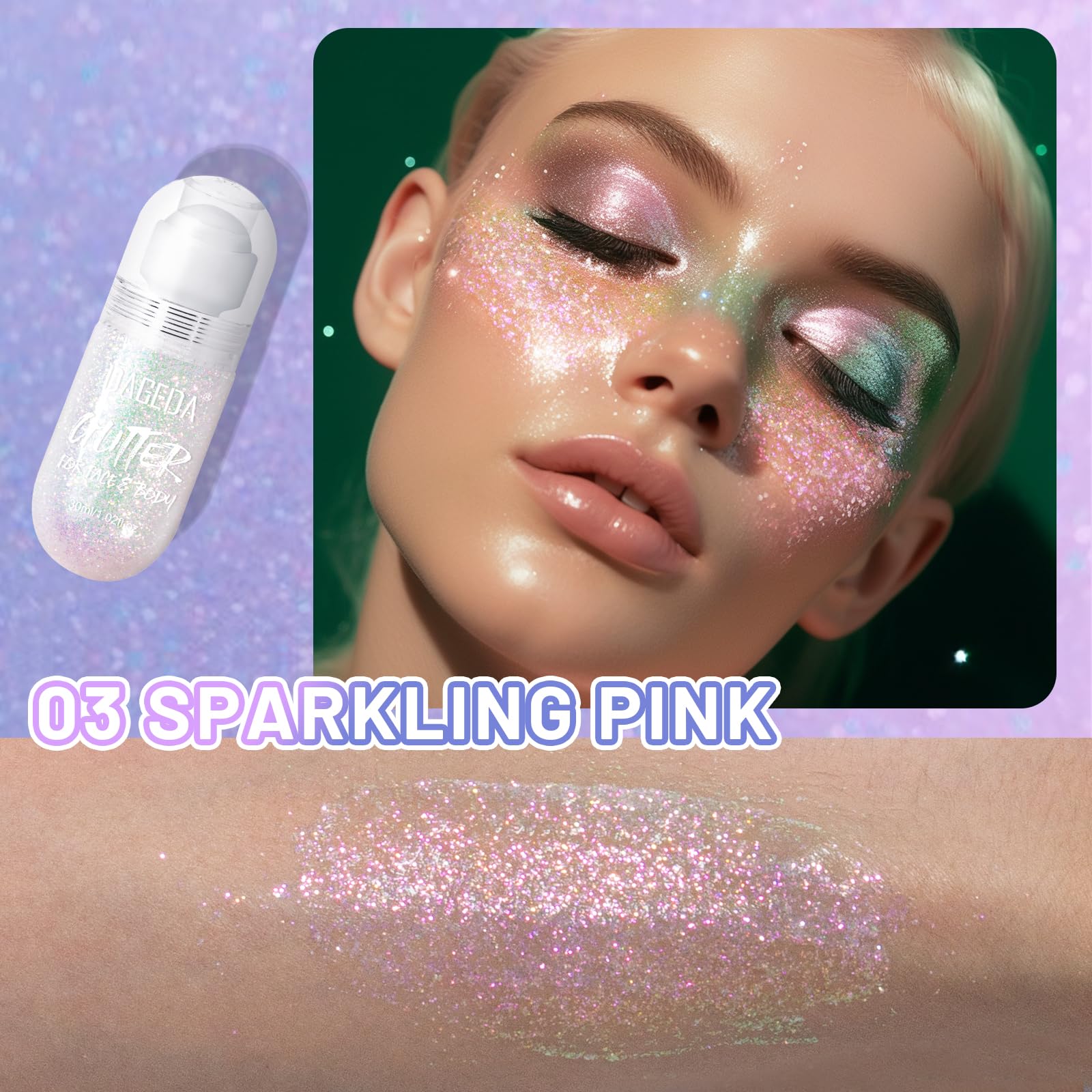DAGEDA holographic six-color glitter delivers rainbow-like shimmer from every angle.