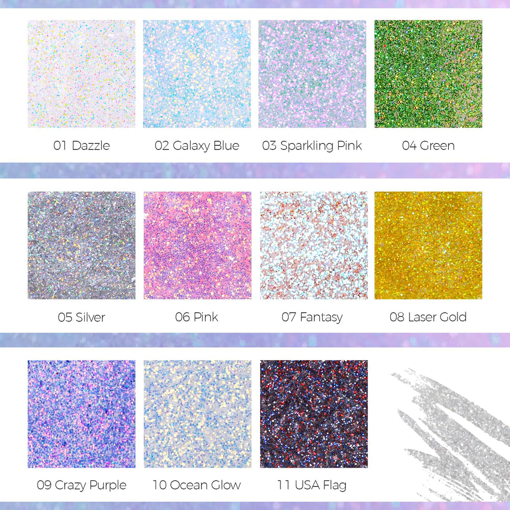 DAGEDA rave party glitter enhances outfits with bold holographic sparkle.