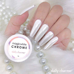 Daily Charme Magic White Chrome Powder glazed donut finish on nails with pearlescent shine