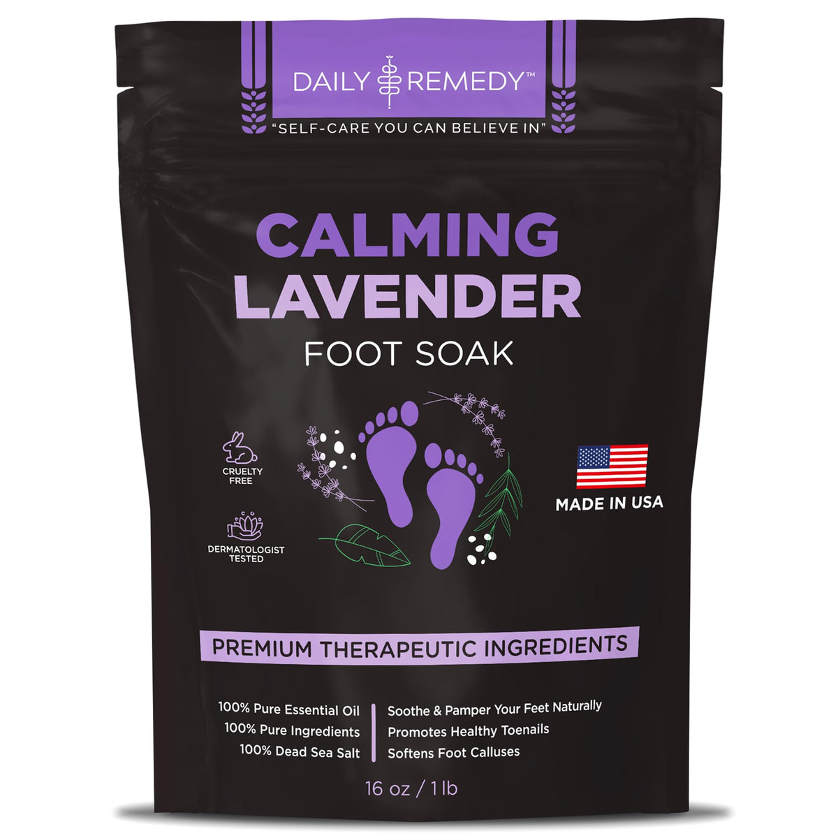 Daily Remedy Calming Lavender Foot Soak botella, spa en casa para pies cansados