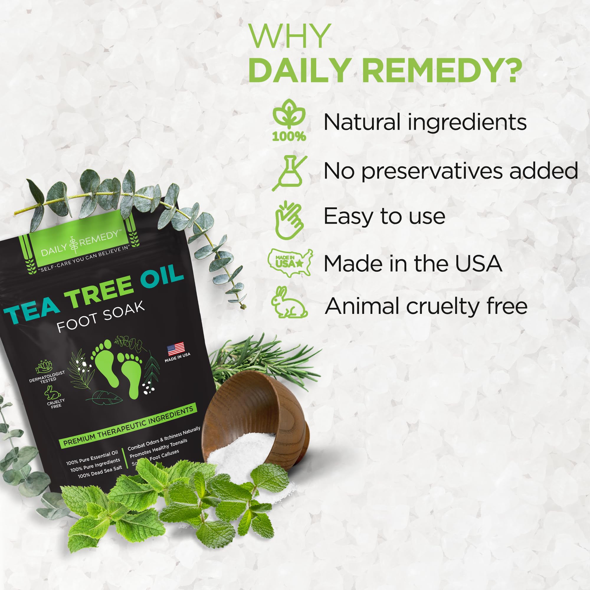 Daily Remedy Natural ingredients foot soak with no harsh additives.