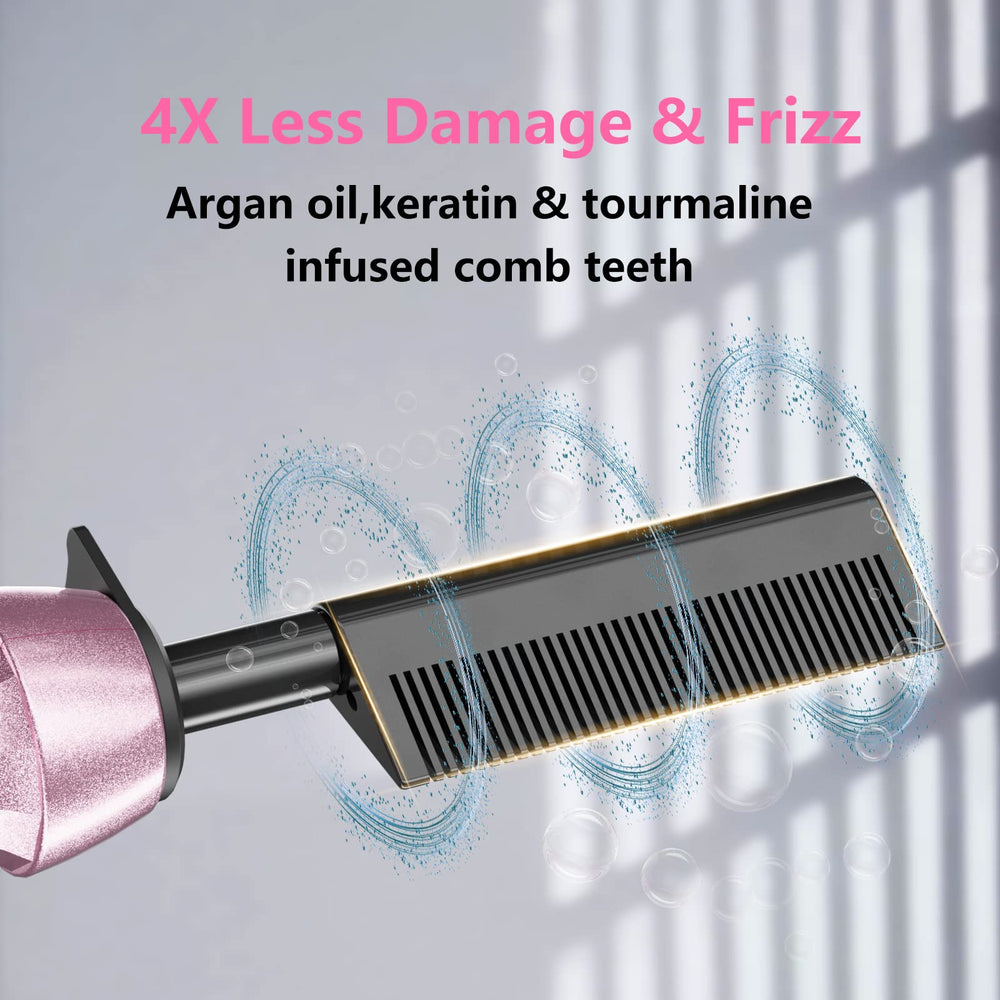 Keratin glaze infused hot comb smooths hair with reduced static.