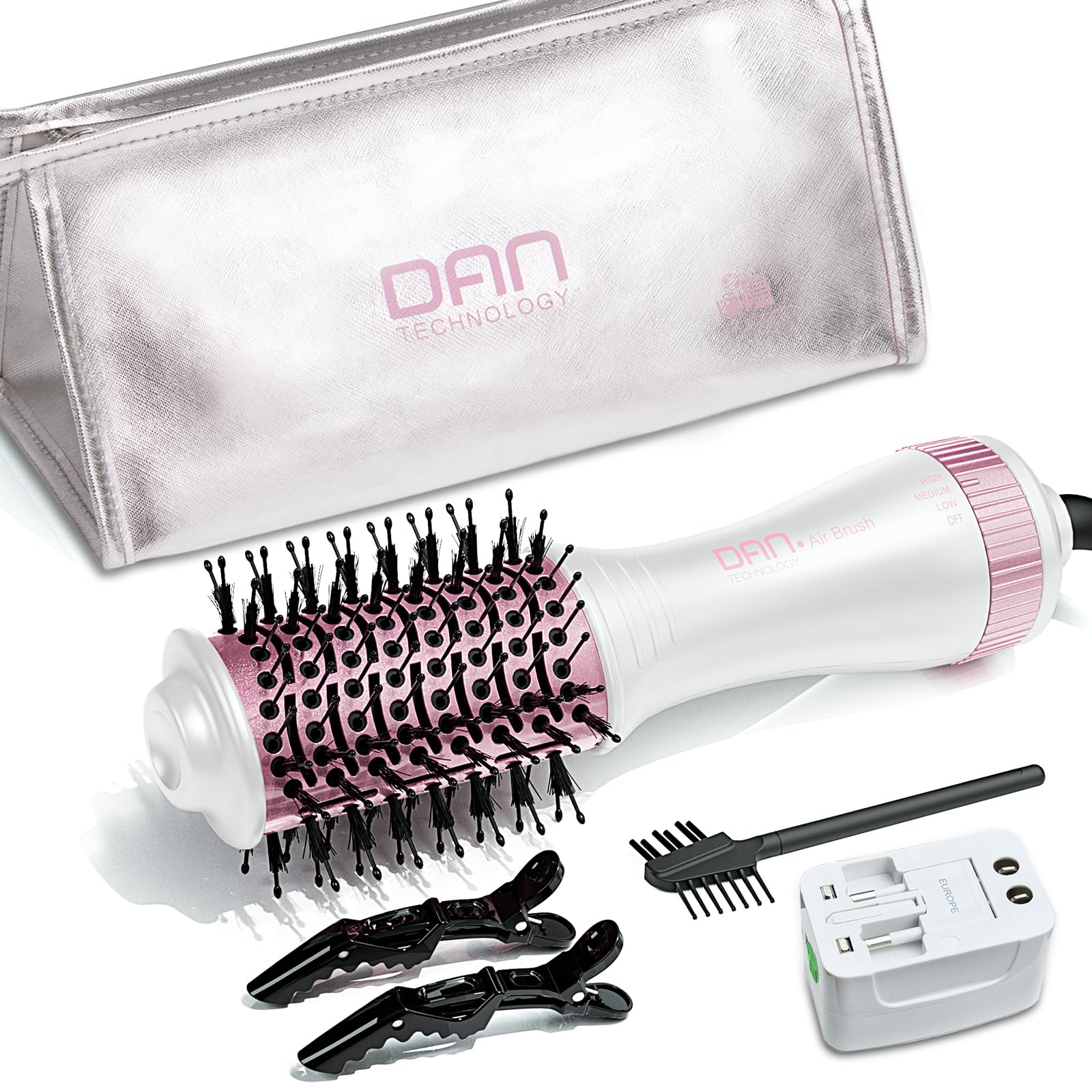 DAN Technology auto dual voltage hair dryer brush in a compact travel-ready setup
