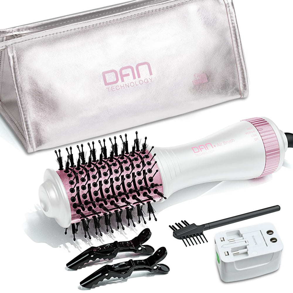 DAN Technology auto dual voltage hair dryer brush in a compact travel-ready setup