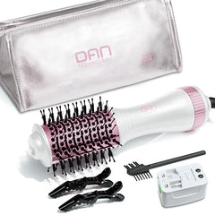 DAN Technology auto dual voltage hair dryer brush in a compact travel-ready setup