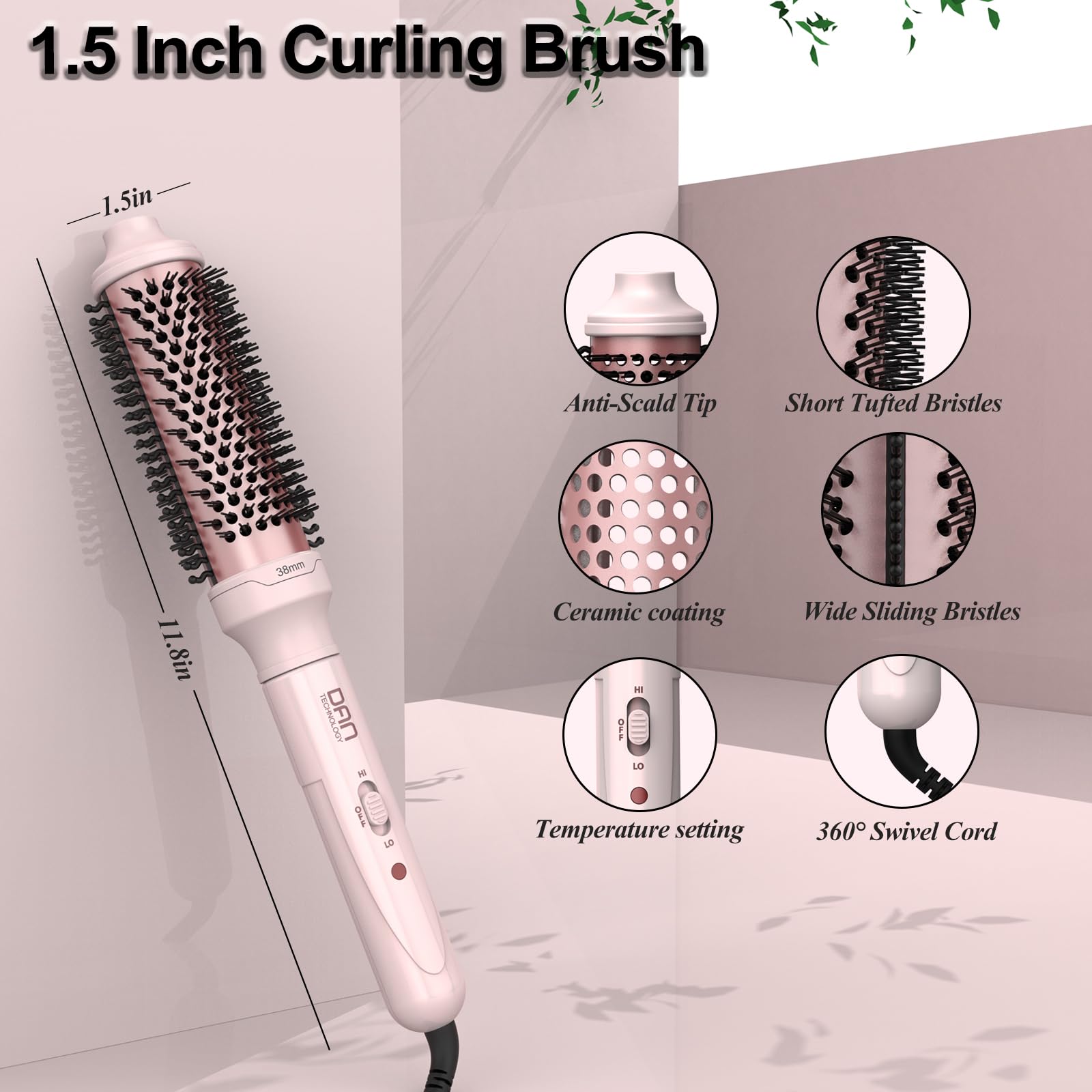 DAN Technology pink heated brush offers versatile styling in a compact design.