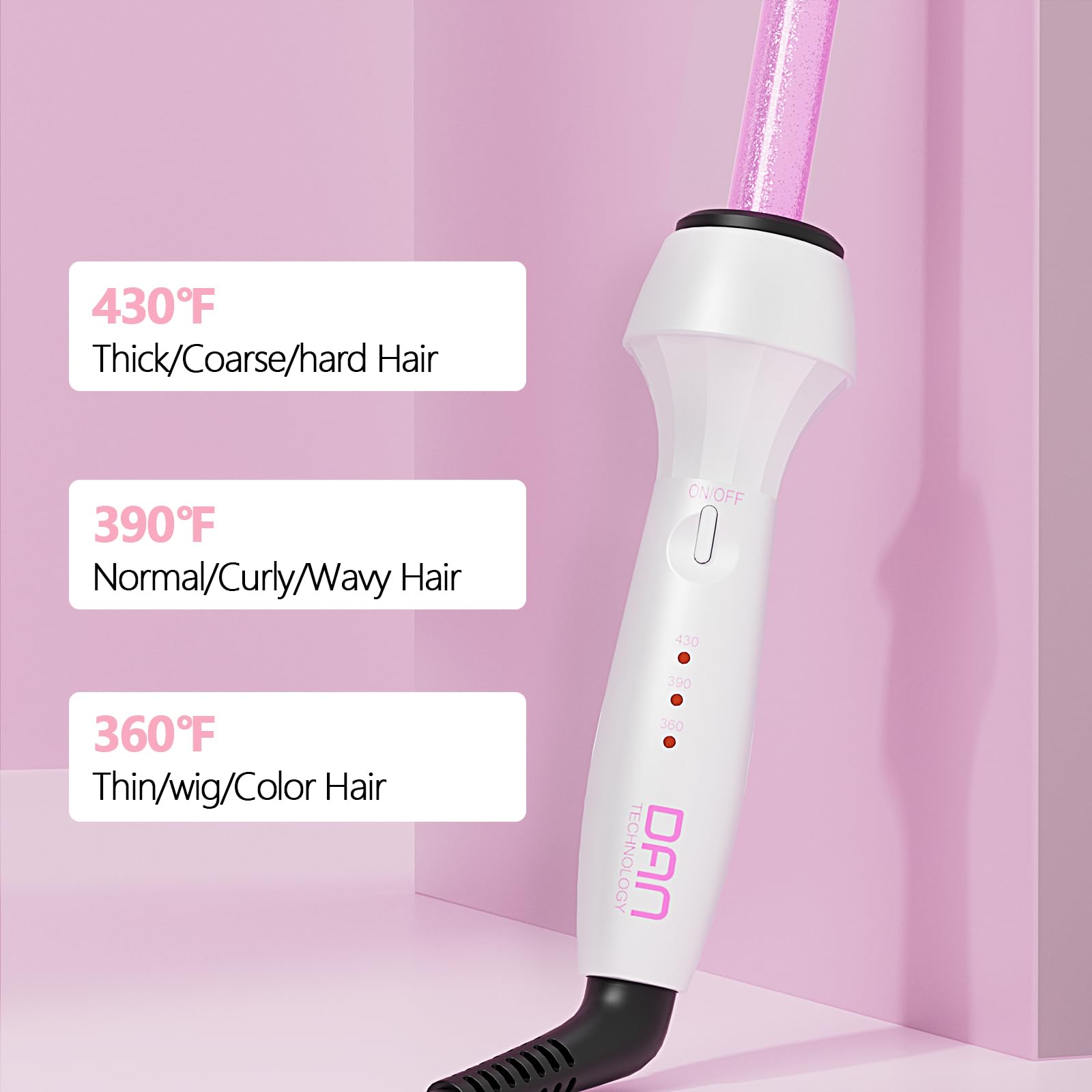 DAN Technology tourmaline ceramic barrel delivers smooth, frizz-free styling with negative ion technology.