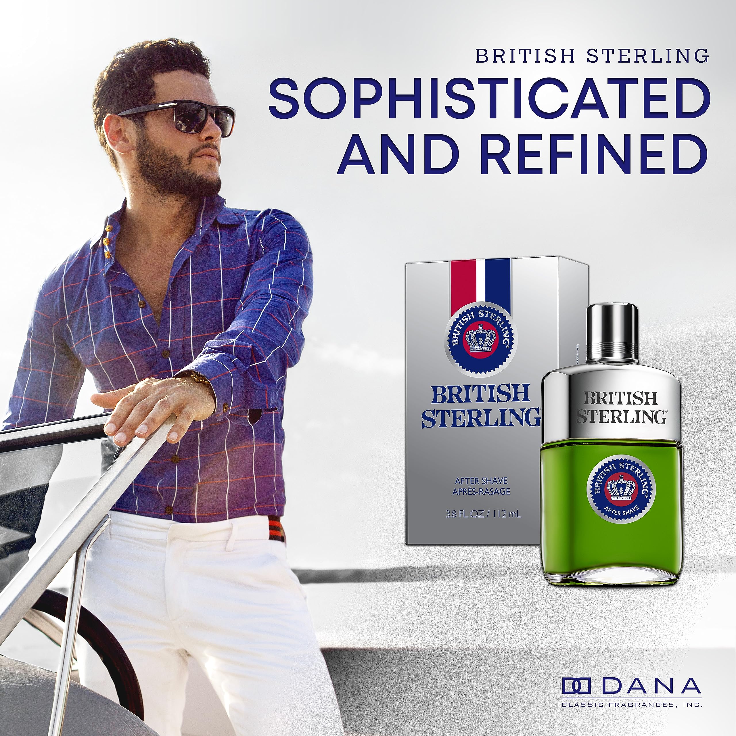 Dana British Sterling bottle closeup highlights mint and bergamot notes for fresh skin.