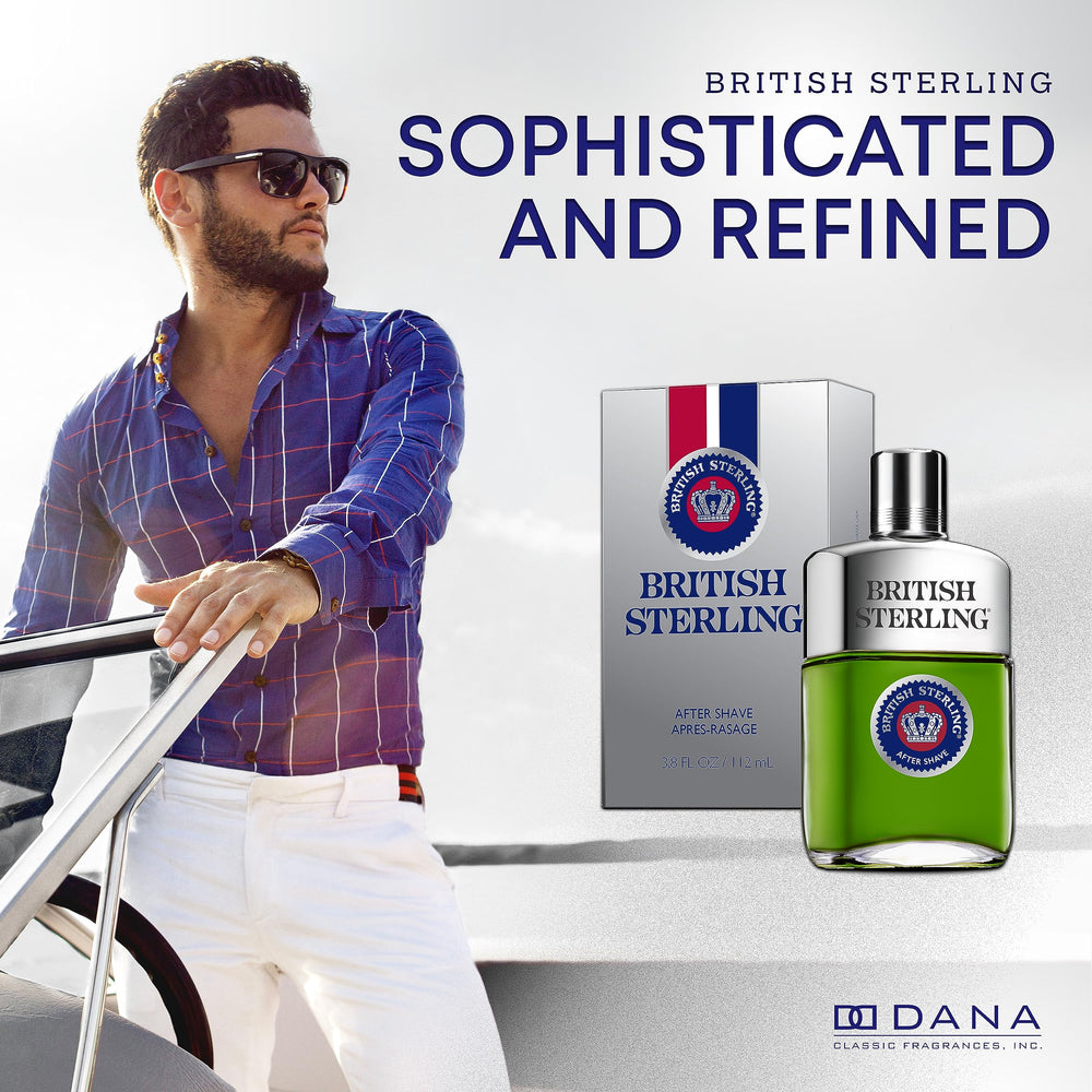 Dana British Sterling bottle closeup highlights mint and bergamot notes for fresh skin.