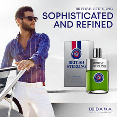 Dana British Sterling bottle closeup highlights mint and bergamot notes for fresh skin.