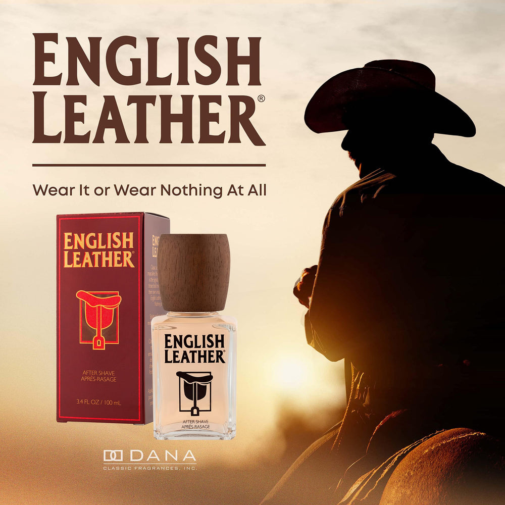 Dana English Leather aftershave bottle side showcases bold citrus and woods