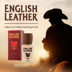 Dana English Leather aftershave bottle side showcases bold citrus and woods