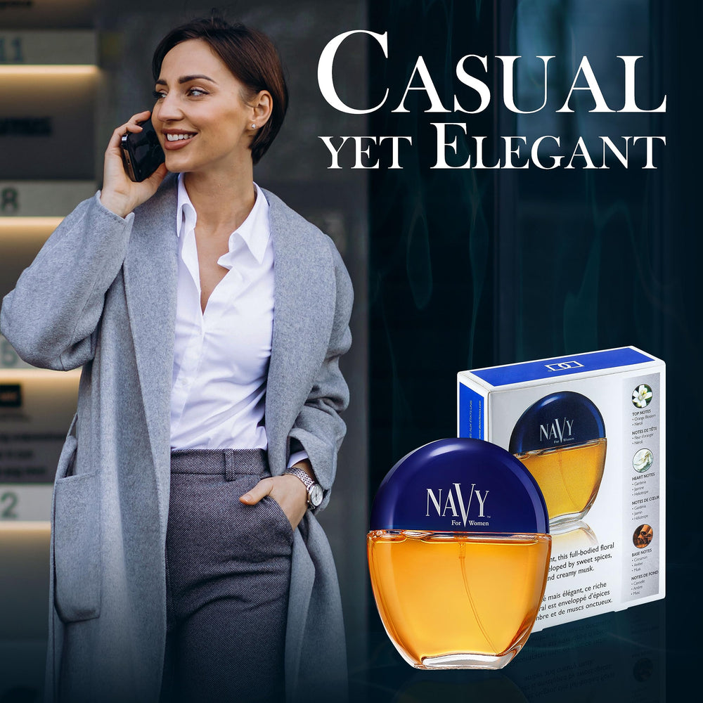 Dana Navy mid notes of gardenia and jasmine create a floral heart