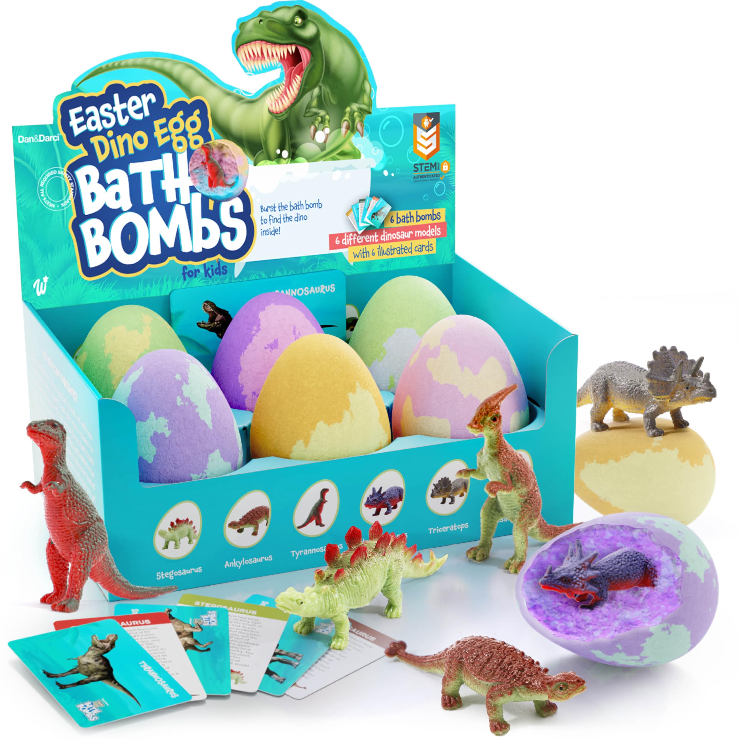 Dan&Darci huevo dino bomba de baño azul con color y juego sensorial.