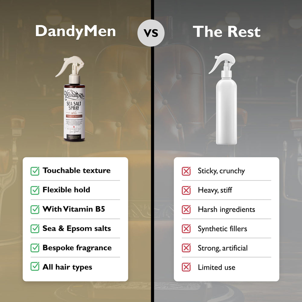 DandyMen Sea Salt Spray ofrece fijación flexible para estilo diario.