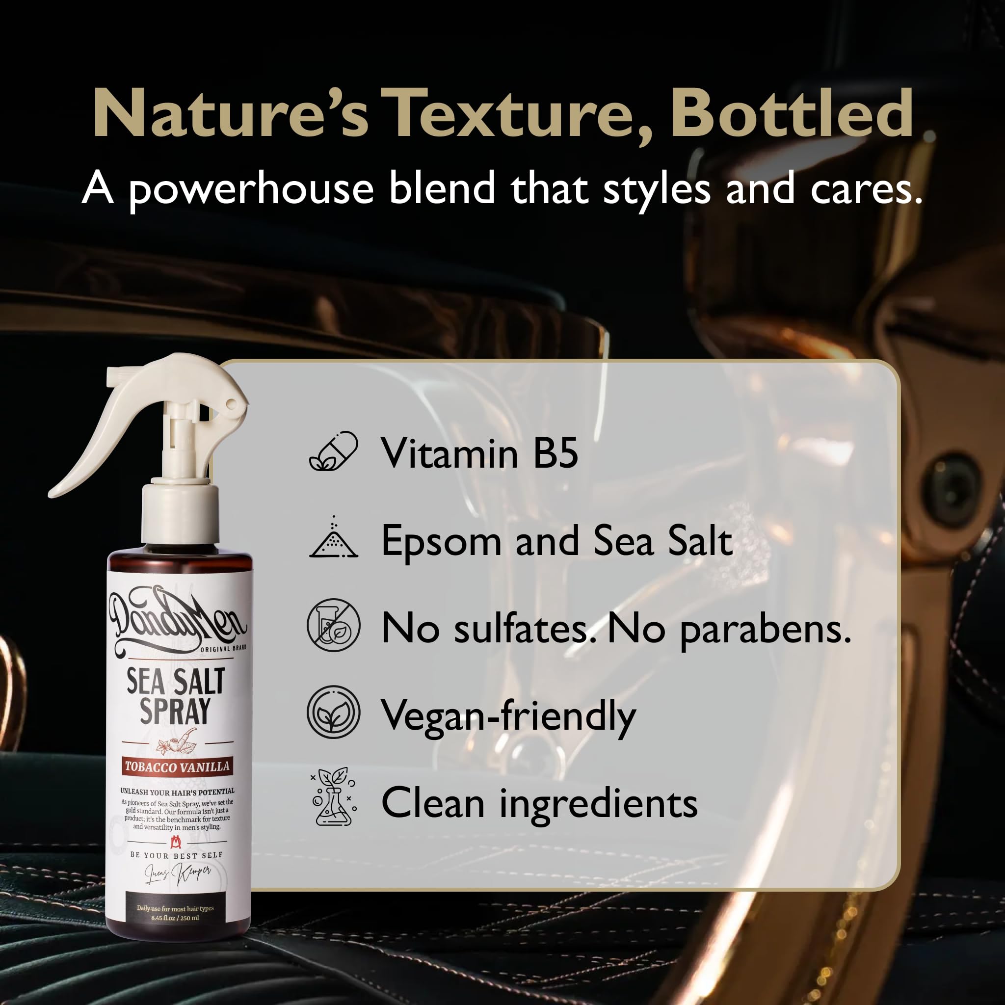 DandyMen Sea Salt Spray funciona como pre-estilador para definición adicional.
