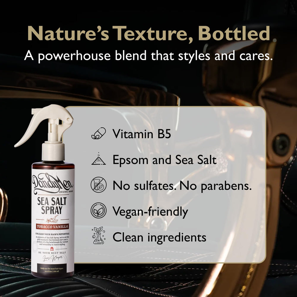 DandyMen Sea Salt Spray funciona como pre-estilador para definición adicional.