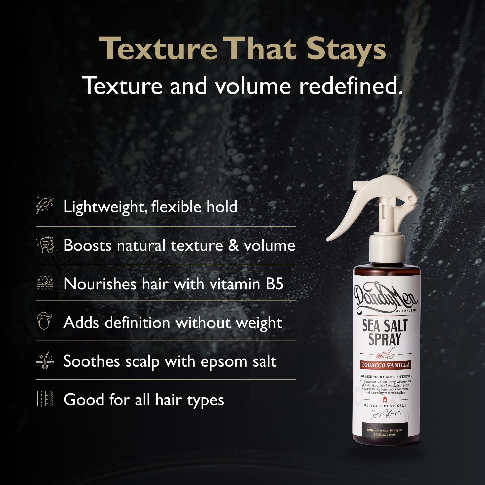 DandyMen Sea Salt Spray aporta volumen ligero con caída natural.