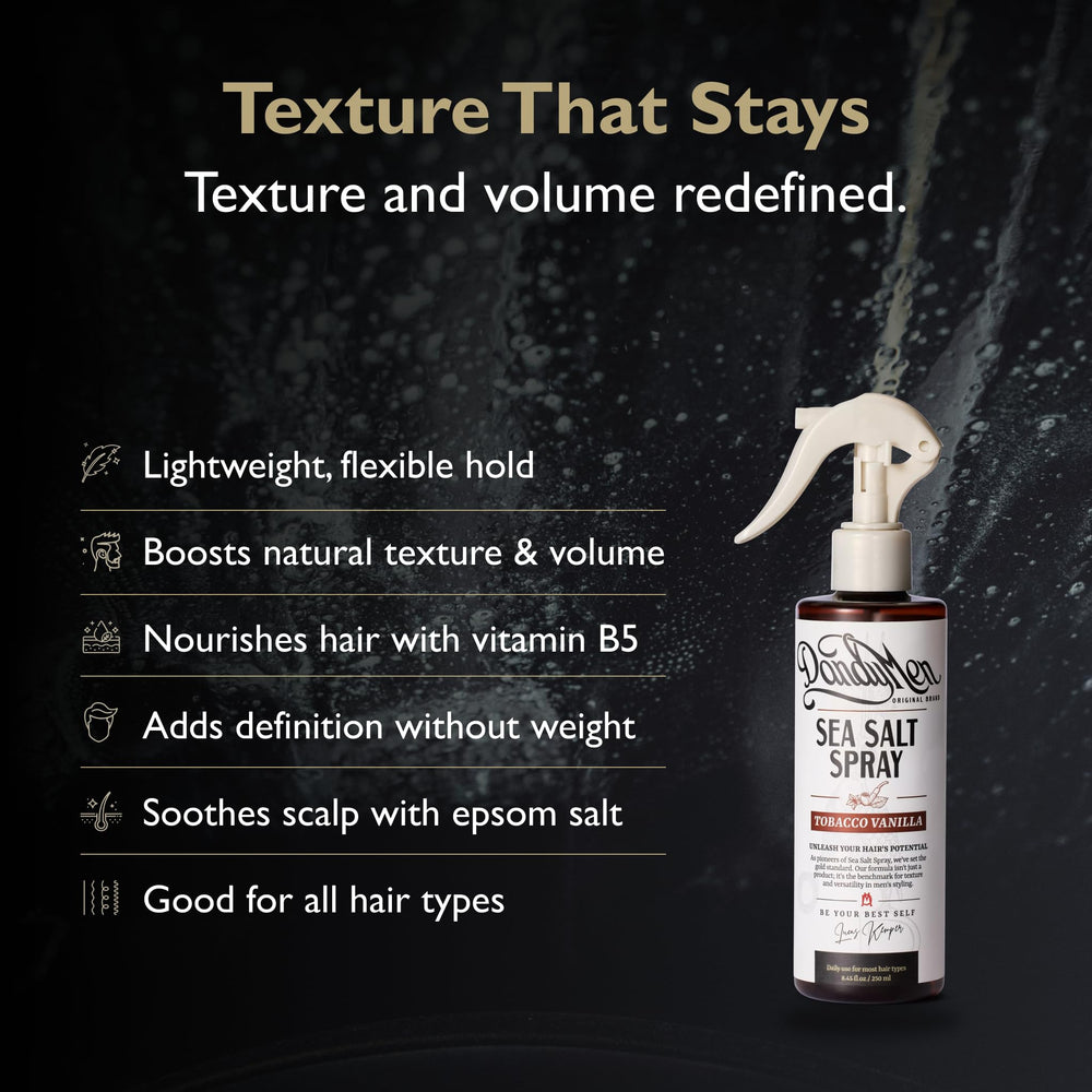 DandyMen Sea Salt Spray aporta volumen ligero con caída natural.