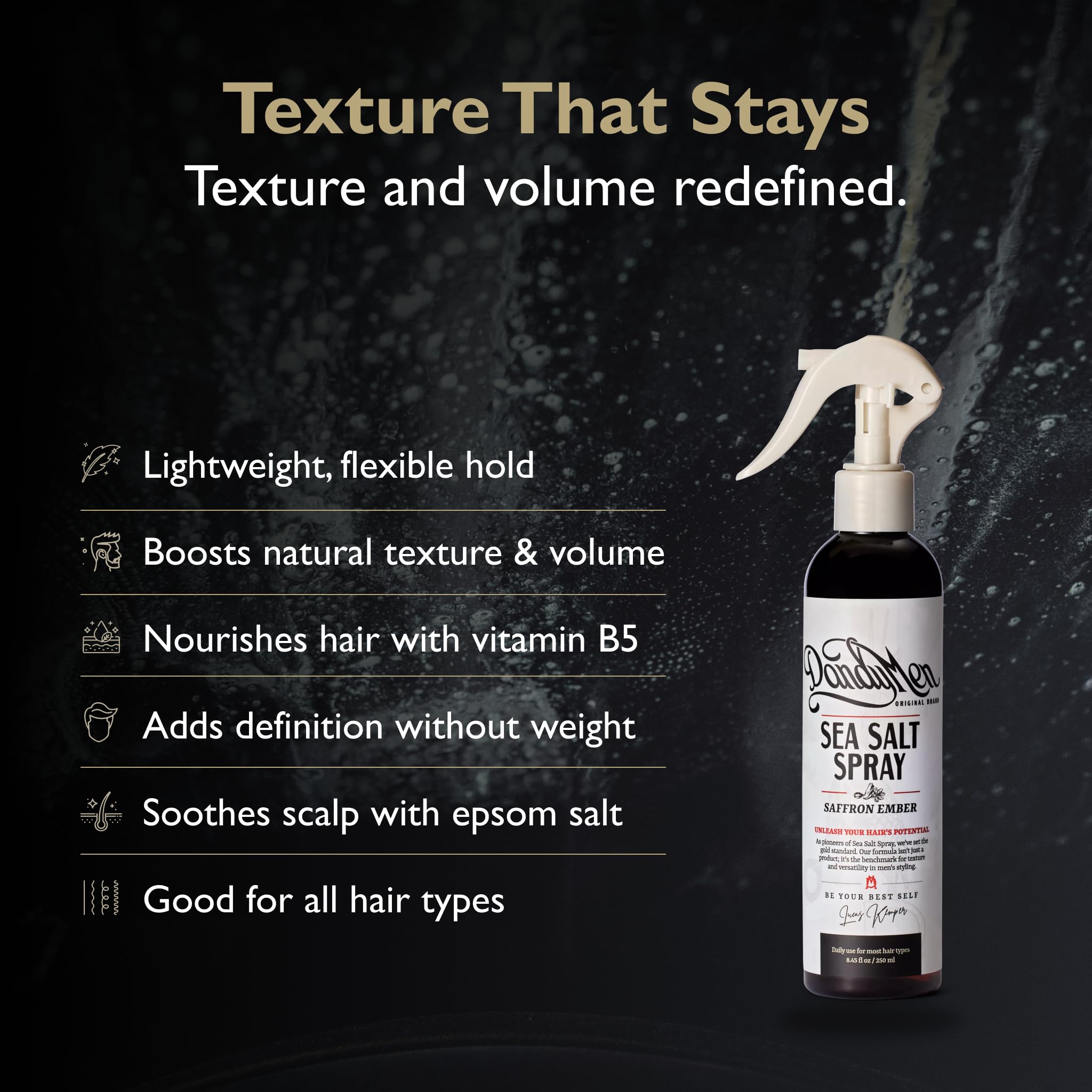 DandyMen cabello con volumen y textura natural usando el spray de sal.