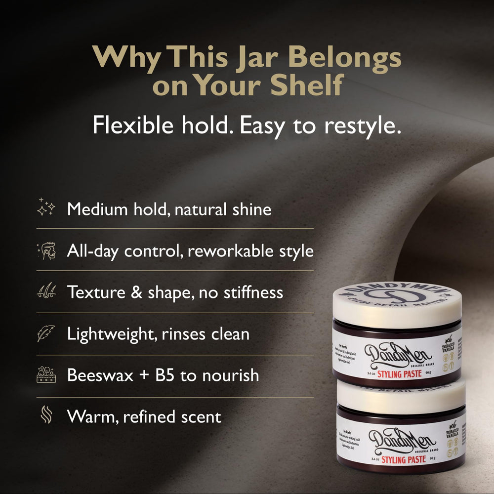 DandyMen Styling Paste hands applying demonstrates easy distribution for smooth, flexible styling.