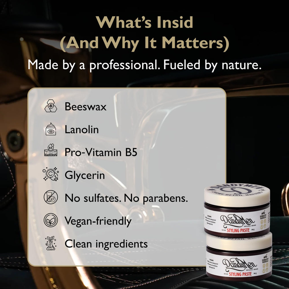 DandyMen Styling Paste tobacco vanilla scent adds masculine sophistication.
