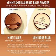 Danessa Myricks Yummy Skin Blurring Balm Powder swatch shows soft gold pearl for light-reflective refinement.